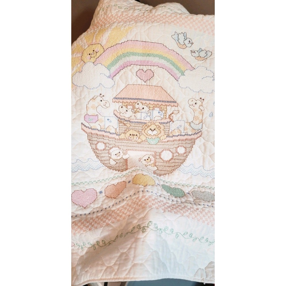 Bucilla Noah's Ark Crib Quilt Crosstitch Stamped Vintage Finished Baby Rainbow